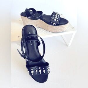 Marco Fisher Black Platform Sandals Size 8.5 Straps Espadrille Wedges 2.6” heels